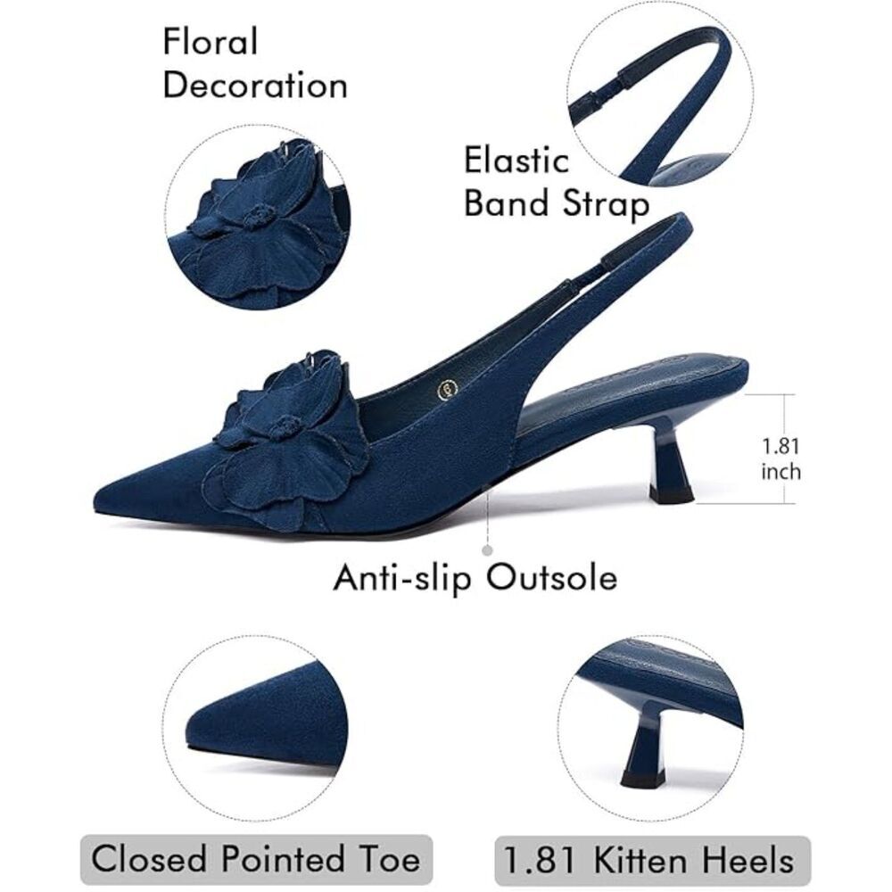 Womens Blue Flower Closed Pointed Toe Slingback Kitten Heel Wedding Pumps Shoes - Picture 4 of 5